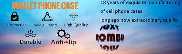 Phone case product features banner showing icons for full protection, swivel stand, high quality, durable, and anti-slip capabilities against a blue gradient background.