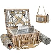 19Pcs Picnic Basket for 2 with Blanket - Wicker Picnic Basket with Strap&amp;Wine Bag | Willow Picnic...