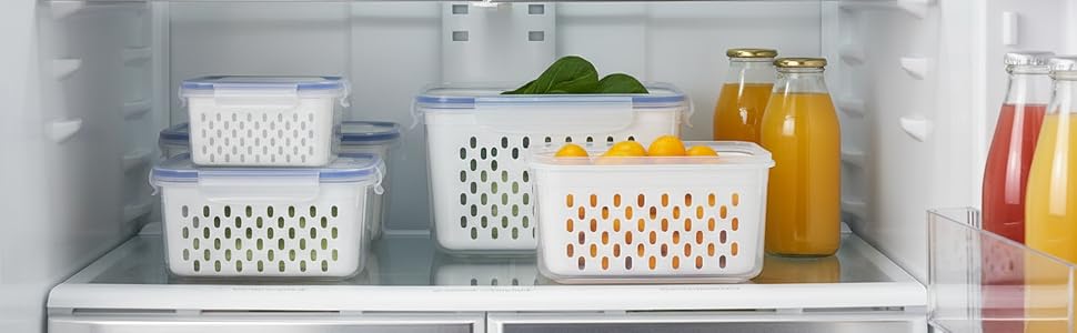 Refrigerator Storage Containers with Removable Colander Baskets