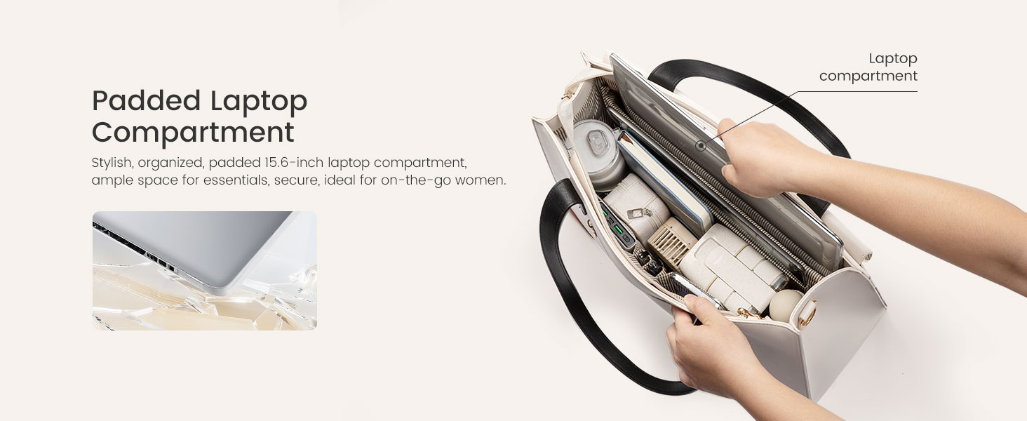 Multi-compartment tote bag with padded laptop sleeve and organized pockets for easy storage