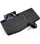 Wireless Keyboard and Mouse Combo - Full-Sized Ergonomic Keyboard with Wrist Rest, Phone Holder, ...