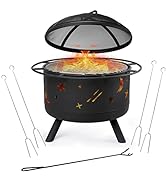 BIRDROCK HOME Round Patio Fire Pit with Cover - Stars &amp; Moon Pattern - 30 Inch - Outdoor Backyard...