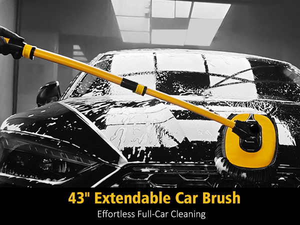 Yellow extendable car brush with black handle cleaning a soapy car windshield. Text reads '43" Extendable Car Brush' and 'Effortless Full-Car Cleaning'.