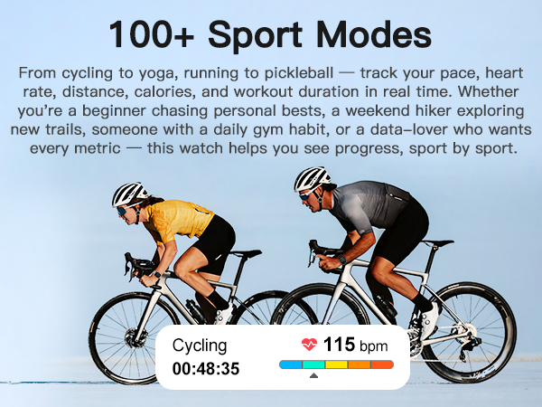 100+ sport modes smartwatch: cycling, yoga, running. Tracks pace, heart rate, distance, calories.