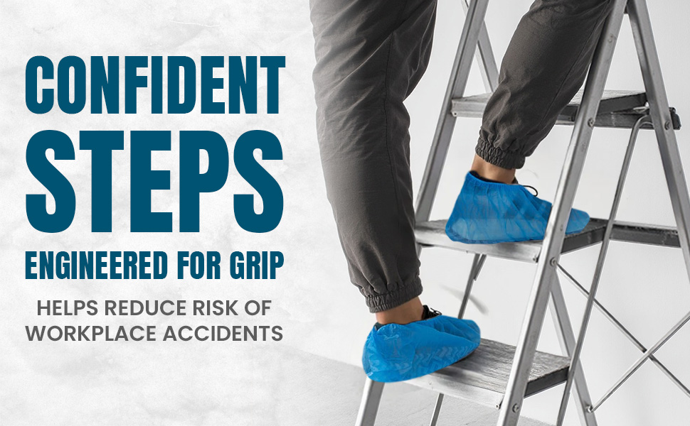 man walking upstairs wearing disposable shoe covers indoor non slip