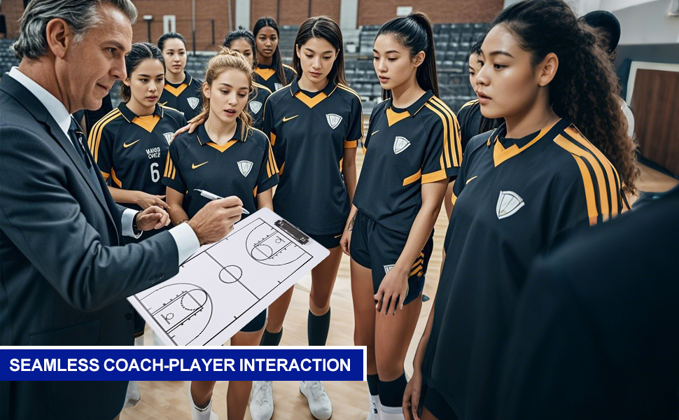A group of talented female players gathers around the coach, discussing the tactical strategies.