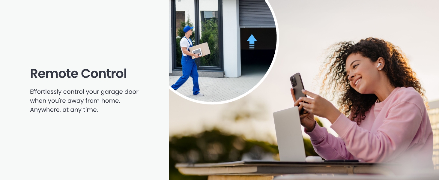 Smart garage door remote control system. Two panels: left shows person using smartphone near door, right shows woman using laptop and phone outdoors, demonstrating remote access functionality.