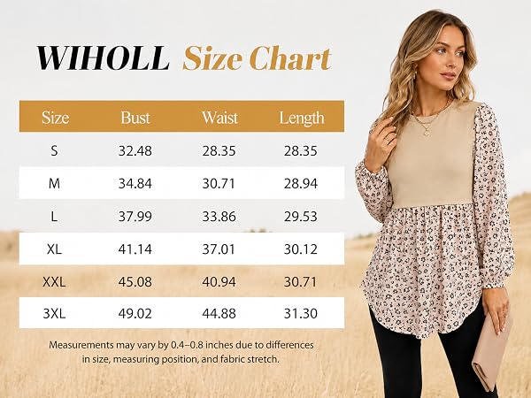 Womens Long Sleeve Tops Size Chart