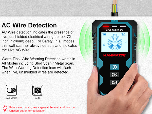 Text reads 'AC Wire Detection' followed by technical illustrations and diagrams showing wire detection procedures and safety guidelines with red warning indicators.