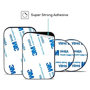 Two white adhesive pads with blue printed text. Labeled as 'Super Strong Adhesive' with arrow pointing to the pads.