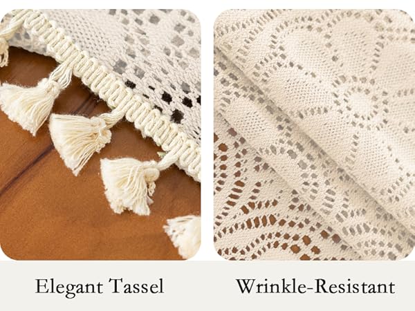 Boho Crochet Tablecloth Rectangle FarmhouseEmbroidered Cotton Tassels Vintage Floral Wedding Holiday