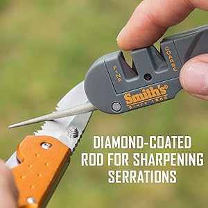sharpening a serrated knife with the fold diamond coated rod of the pocket pal knife sharpener