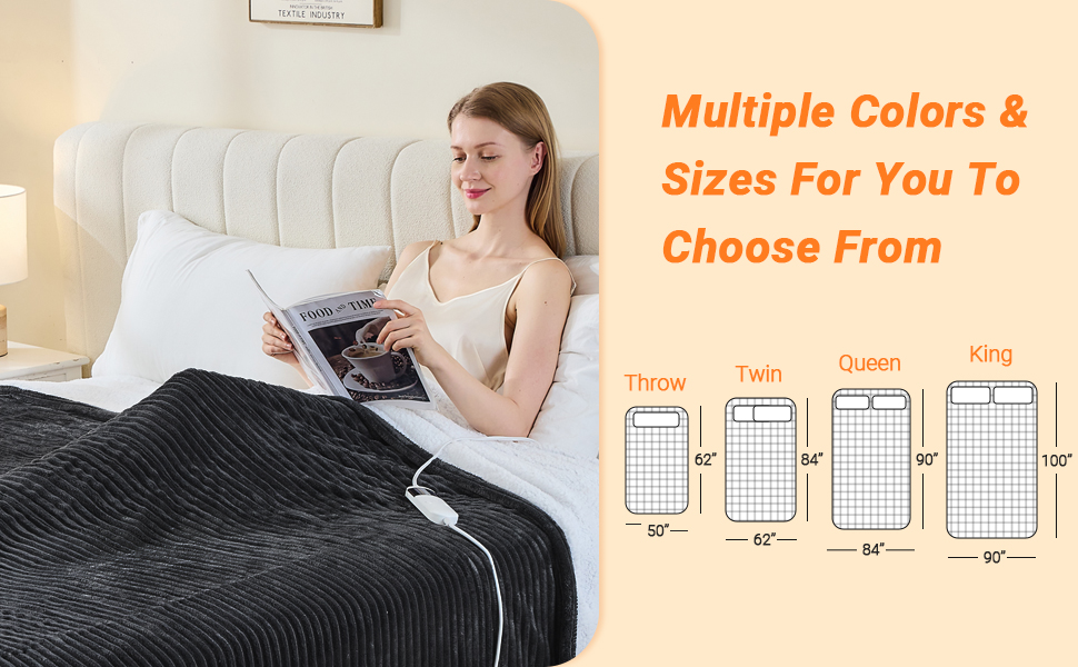Text reads 'Multiple Colors &amp; Sizes For You To Choose From'. Product demonstration showing a cozy blanket in use, with size chart showing Throw, Twin, Queen dimensions.