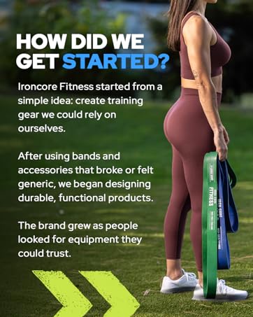 Woman standing outdoors holding Iron Core Fitness resistance bands