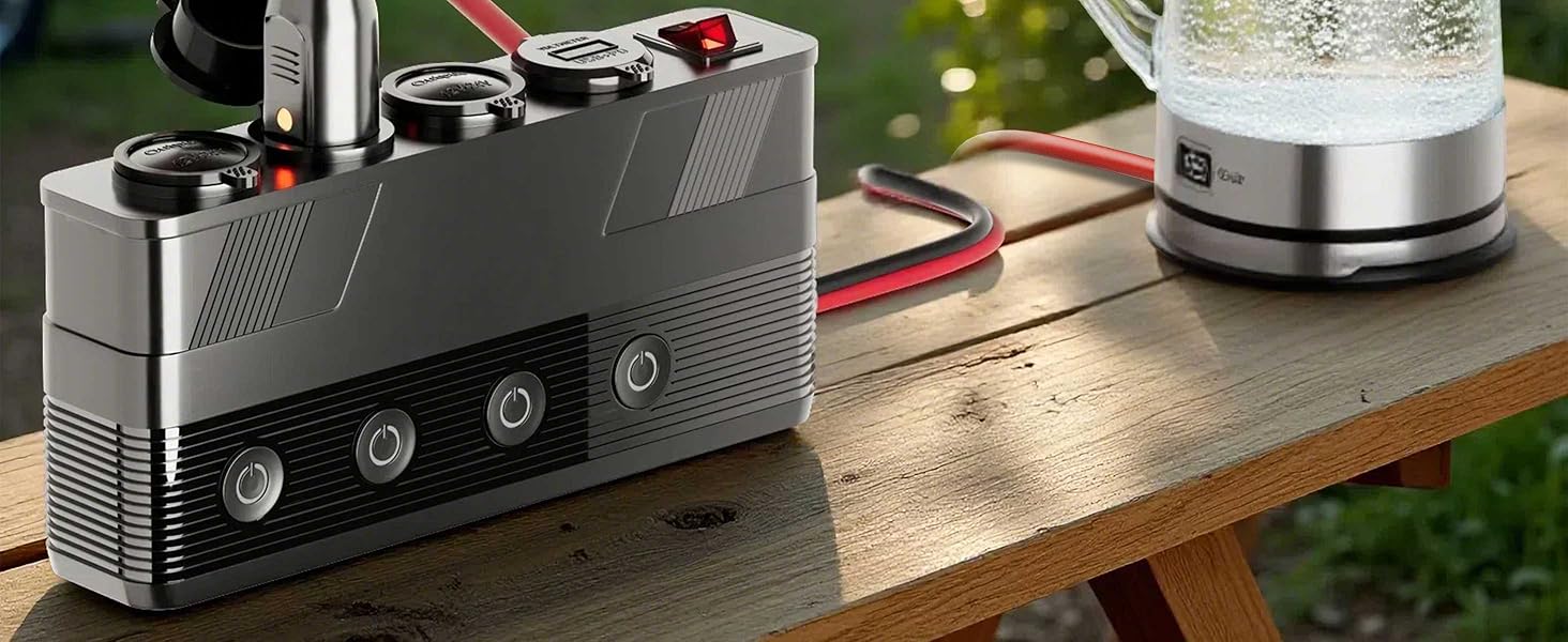 Black modular electronic device with multiple segments and cooling vents, positioned on wooden surface next to silver circular device.