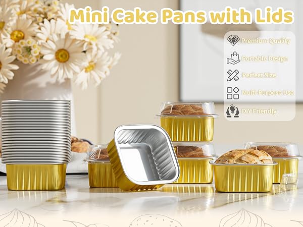 40 Pack Mini Cake Pans with Lids 5oz Square Aluminum Foil Brownie Baking Cups