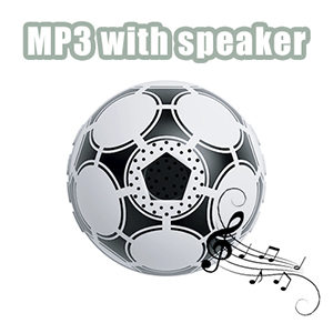 Text reads "MP3 with speaker". Soccer ball-shaped device with black and white panels. Small speaker visible. Musical notes graphic indicates audio functionality.