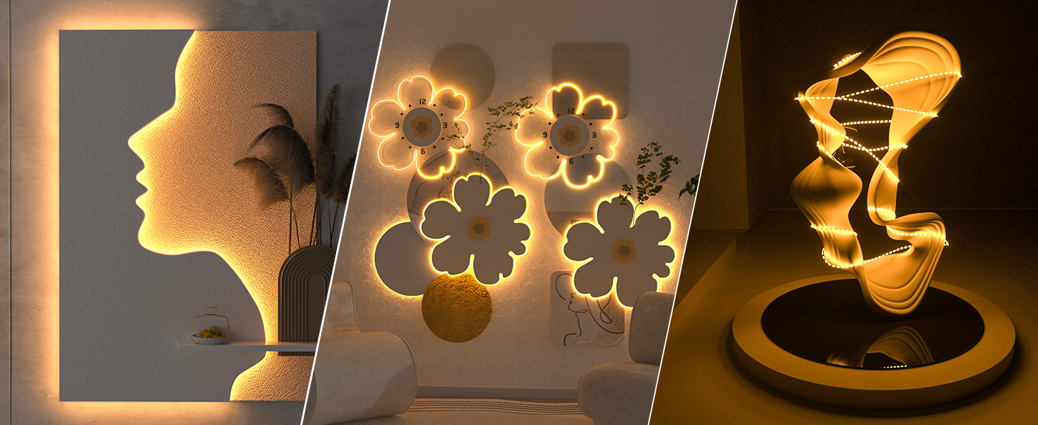 Three decorative LED wall lights showing silhouette profile, illuminated flower shapes, and abstract figure design, all emitting warm golden light.