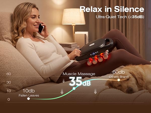 Woman uses a quiet back massager while on the phone, with operating noise shown below 35 dB.