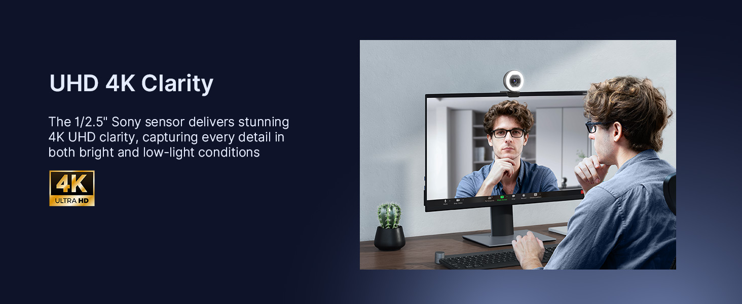 4K UHD webcam mounted on a monitor, capturing clearvideo during a video call