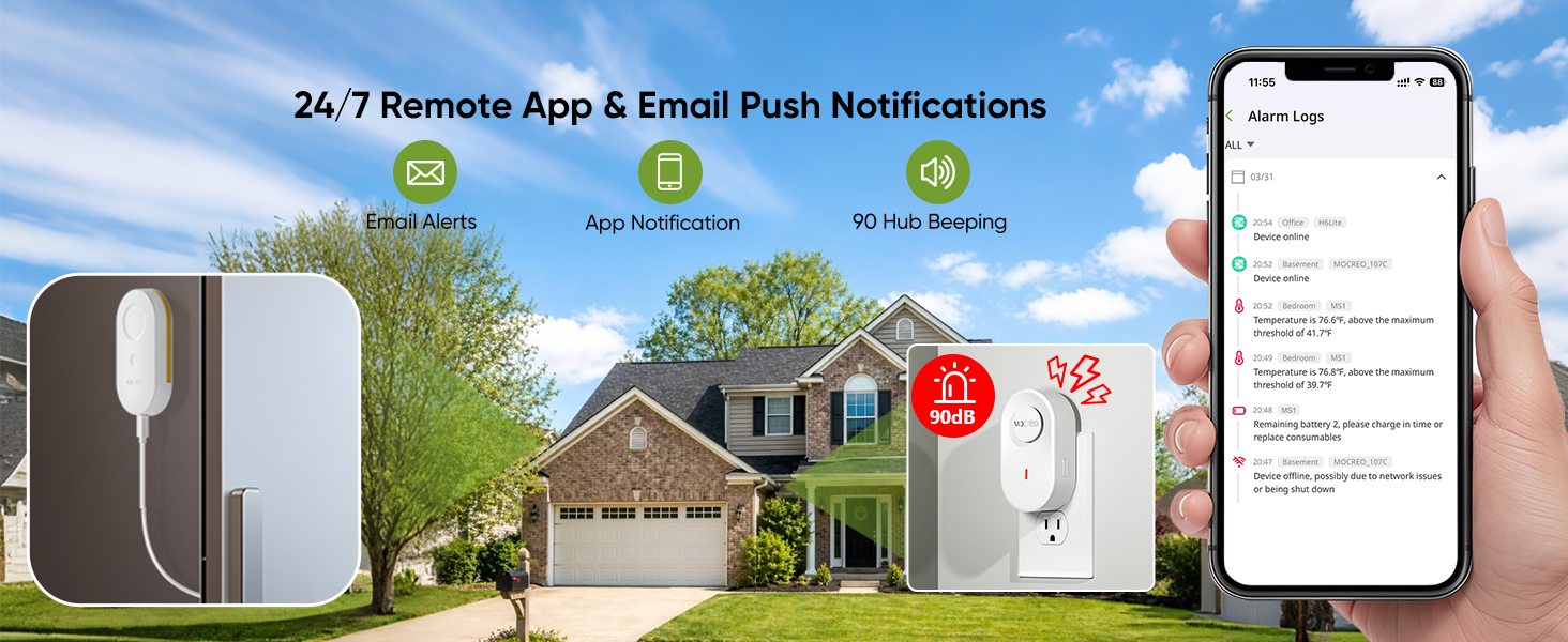 3 Optional Instant Alerts: Email, App push, and loud 90dB audible alerts from the Hub
