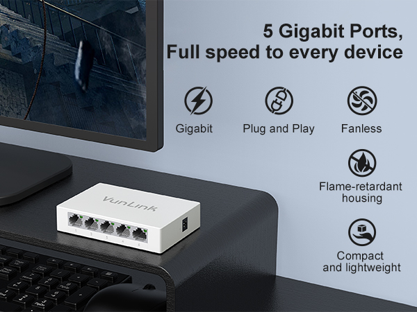 VunLink 5-Port Gigabit Unmanaged Ethernet Switch