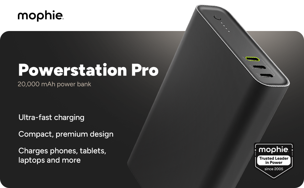 powerstation pro 20,000 mAh power bank. Ultra fast charging. Compact, premium design.