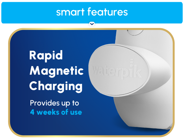 Image of Waterpik Cordless Advanced water flosser charger with text reading rapid magnetic charging.
