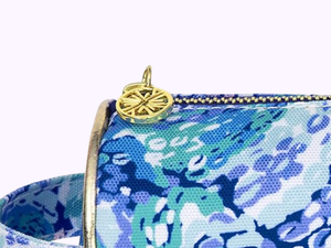 lilly pulitzer pencil pouch gold details zipper logo plaque carrying handle travel on the go