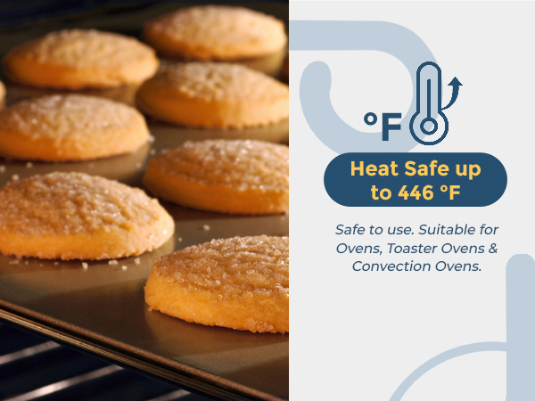Safe to use up to 446 fahrenheit. Suitable for Ovens, Toaster Ovens &amp;amp; Convection Ovens.