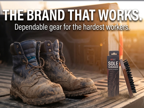 jobsite the brand that works sole scrubber boot brush on tailgate with dirty leather boots