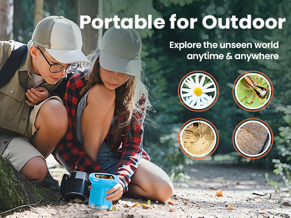 Text reads 'Portable for Outdoor' and 'Explore the unseen world anytime &amp; anywhere'. Digital microscope being used outdoors, with icons showing features like time-lapse and magnification capabilities.