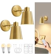 Gold Battery Operated Wall Sconces Set of Two with Remote, Rechargeable Battery Powered Wall Ligh...