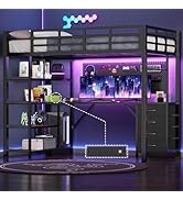 UPOSOJA Loft Bed Twin Size with L Shape Desk,4 Drawers,3-Tier Storage Shelves Metal Loft Bed Fram...