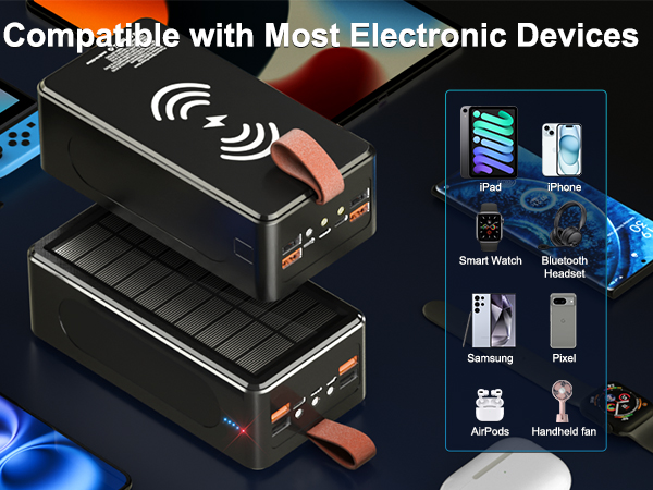90000mAh Power Bank Solar Wireless Charger, PD 35W Fast Charging USB-C Portable Power Station