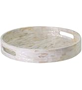 PEMAR 12.6” Mother of Pearl Round Serving Tray with Handles, Decorative Nacred Wooden Ottoman Cof...