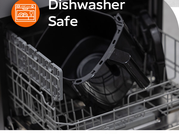 The non-stick basket and removable parts are dishwasher safe.