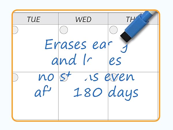 Monthly calendar works well with either dry erase or wet erase markers, no stains or ghosting at all