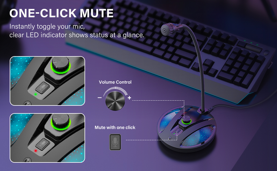 One-touch mute button with LED indicator on desktop computer microphone allows volume control.