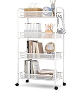 TOOLF 4-Tier Rolling Cart, Metal Utility Cart with 3 Hooks, Easy Assemble Mobile Storage Trolley ...