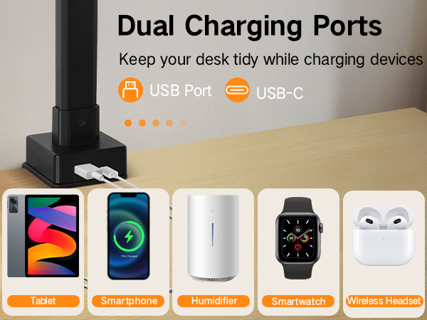 Text reads 'Dual Charging Ports' and 'Keep your desk tidy while charging devices'. Charging station interface showing USB Port and USB-C connections with device compatibility icons.