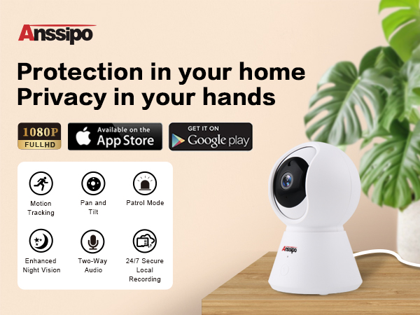 indoor camera 1080p, plug in, power corded, auto tracking, 360 view