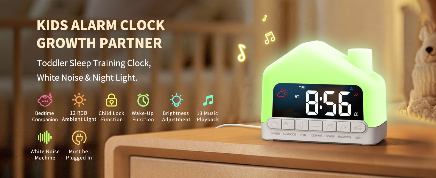 Text reads 'KIDS ALARM CLOCK' and 'GROWTH PARTNER', 'Toddler Sleep Training Clock with Nightlight &amp; Routines'. Green digital display clock with icons showing alarm, sleep, snooze functions displayed on wooden surface.