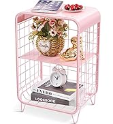 SYKIARIOL Metal Side Table,Cute Pink Nightstand,3 Tier End Table with Storage,Vintage Bedside Tab...