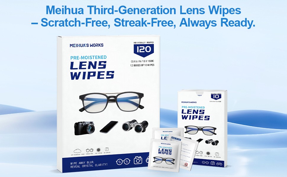 Meihua&amp;#39;s 3rd-gen lens wipes: 120 scratch-free, streak-free, pre-moistened cloths.