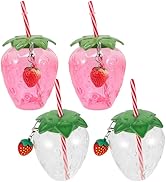 Healifty Strawberry Cup with Lid: 4 Sets Cute 500ml 17oz Strawberry Bottle with Straw Keychain Dr...