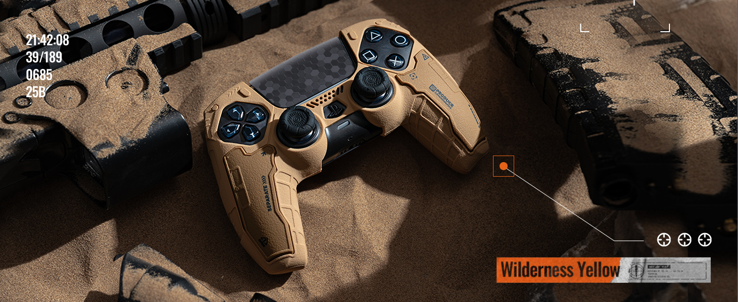 Gaming controller in tan/desert camo color scheme photographed from above on textured surface. Device features blue accent lighting and tactical grip design.