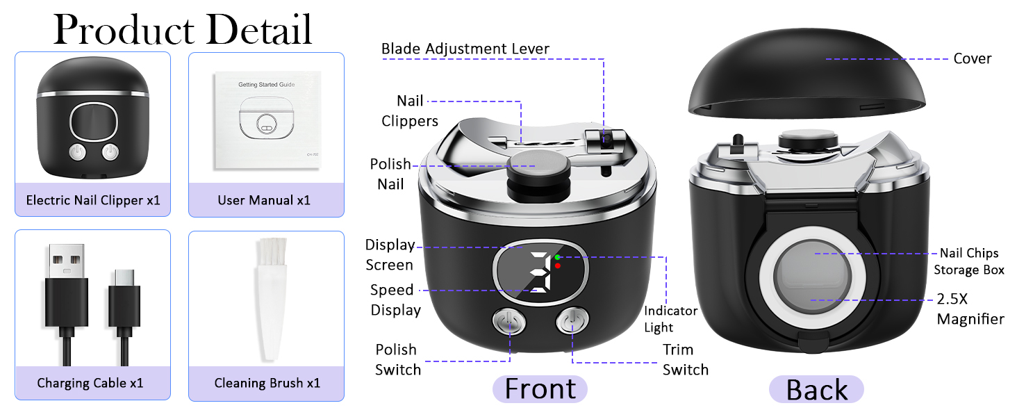 YunLuna electric nail clipper comes with build-in clipping bin,cleaning brush,USB-C charging cable