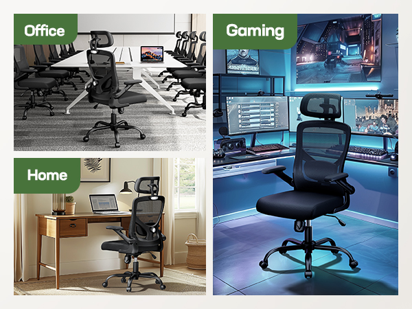 Text reads 'Office', 'Gaming', 'Home'. Multiple views of ergonomic office chairs in different settings - office environments, gaming setups, and home workspaces. Shows various angles of mesh-back chairs.