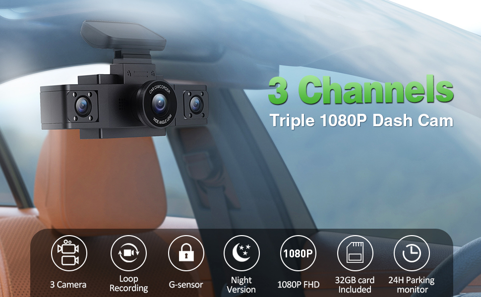 3 channels triple 1080P Dash Cam